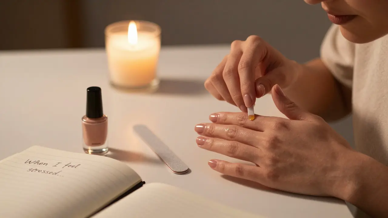 Žena aplikuje výživný olej na prsty ve světle svíčky, vedle ní nehtový lak a sešit.