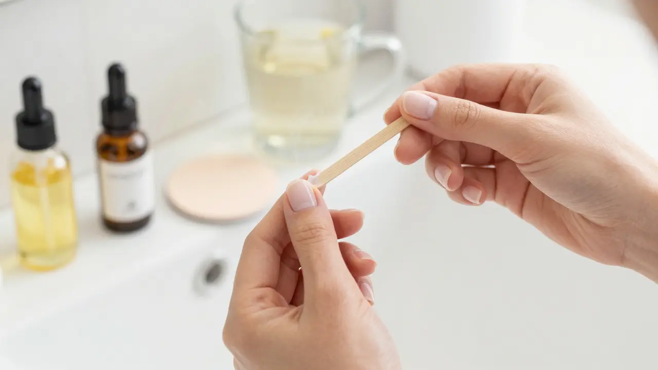 Žena jemně odstraňuje nalepovací nehty dřevěným pálkem, na pozadí hydratační olej a bruska.