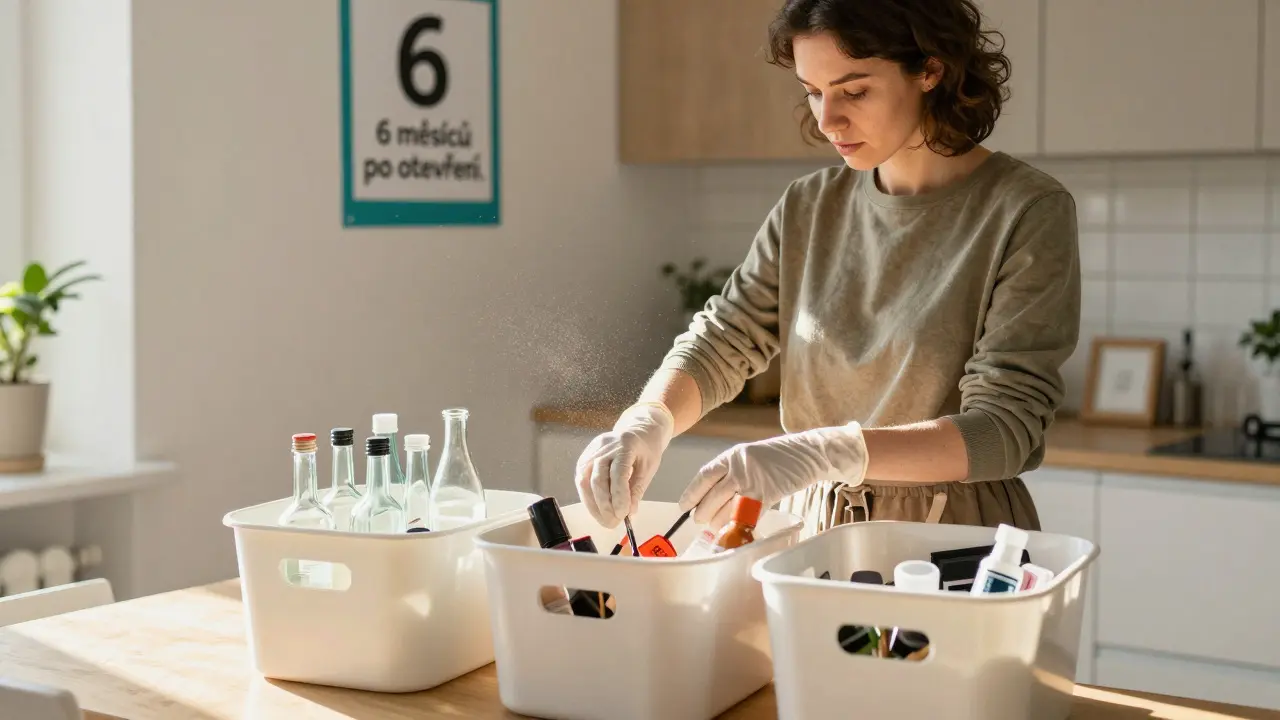 Žena třídí starou kosmetiku do tří kontejnerů pro recyklaci, nebezpečný odpad a odpad.