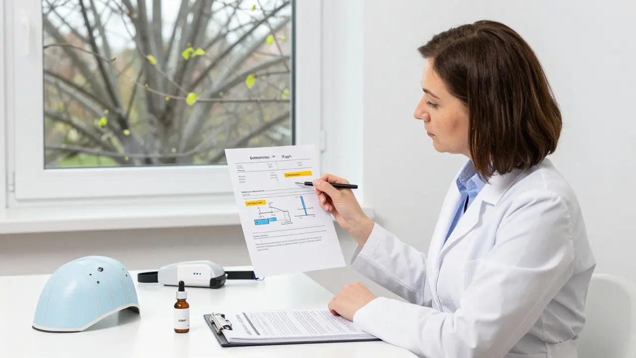 Žena v klinice s výsledky testů a lékařem, na stole léčebné přístroje.