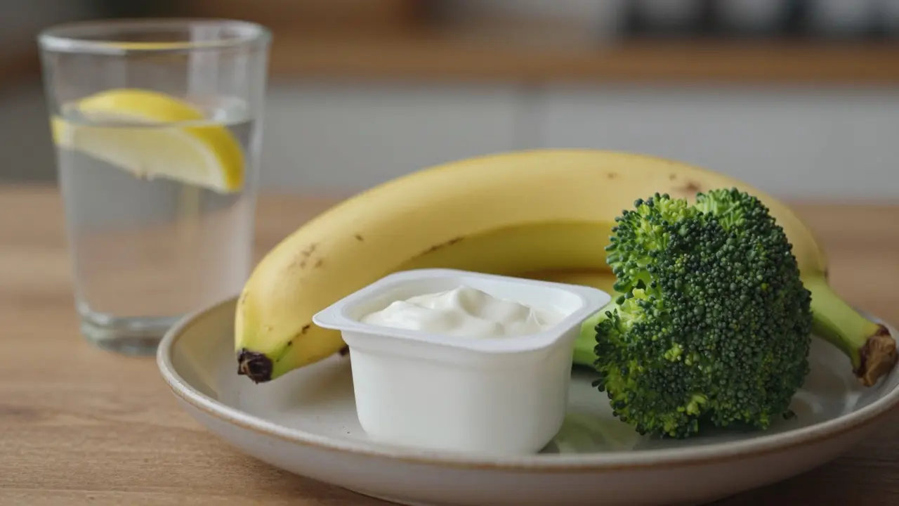 Žlutý banán, vařené brokolice a nezpražený tvaroh na keramické mísce s vodou a citrónem.