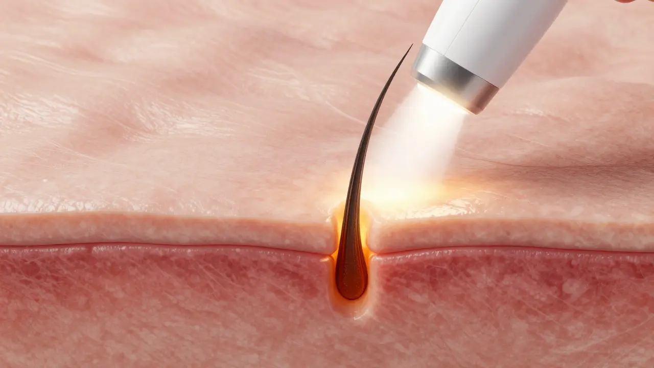3D schéma znázornující pronikání laserového paprku do kořene chlupu.