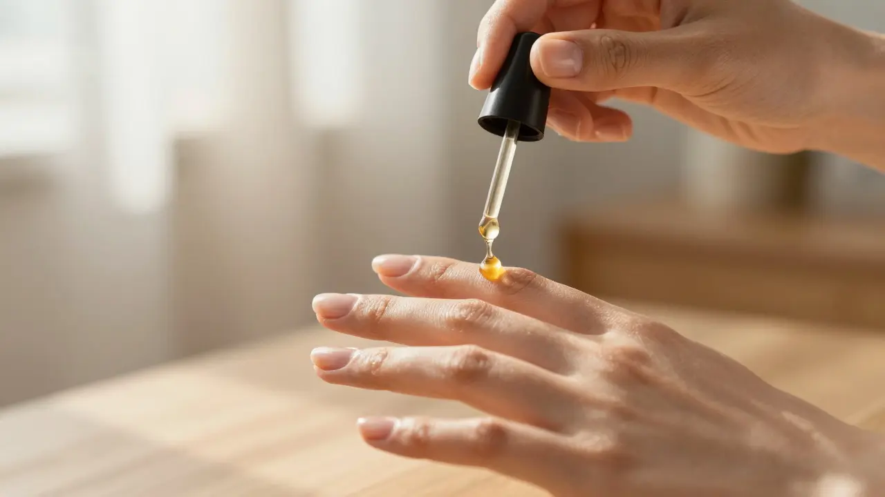 Aplikace plejivého oleje na kůžičky u dokončeného gelového nehtu.
