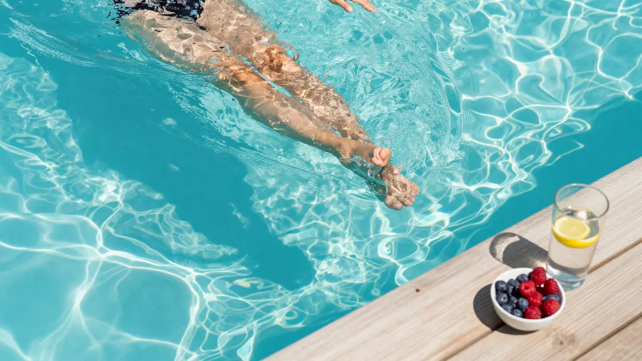 Člověk plovoucí v bazénu jako součást nízkozátěžové rehabilitace kolen.