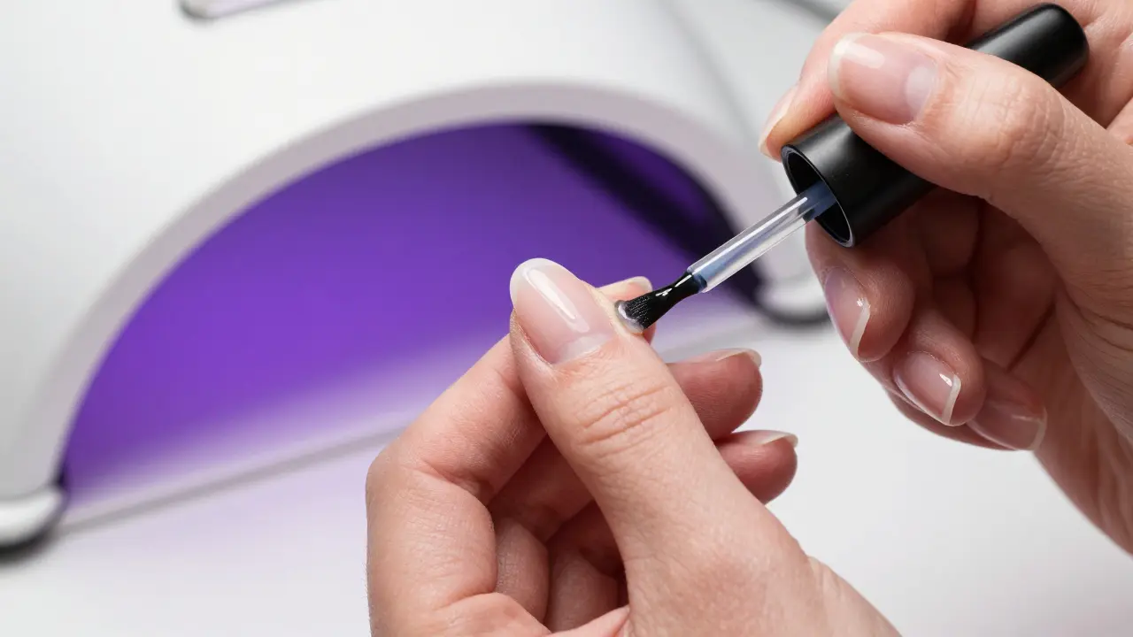 Detail nanášení gelu na nehet s LED lampou v pozadí.