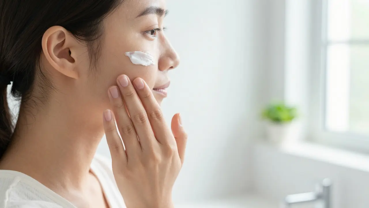 Detail nanášení pleťového krému na zdravou a zářivou pleť.