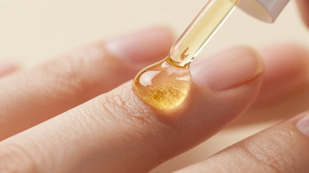Detailní záběr na aplikaci zlatavého plejivého oleje na nehtovou kůžičku.