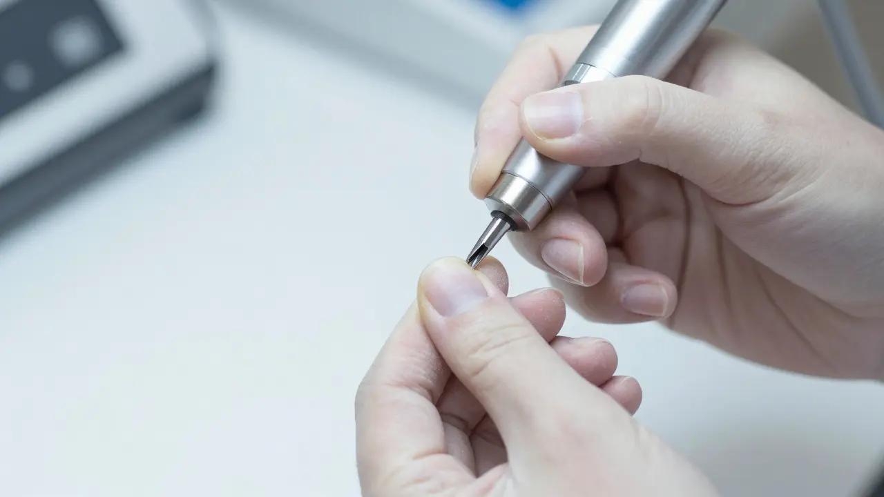 Detailní záběr na profesionální nehtový aparat při úpravě nehtu.