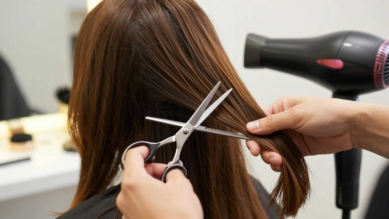 Kadeřnice používající profesionální nůžky a fén pro dokonalý střih a lesk.