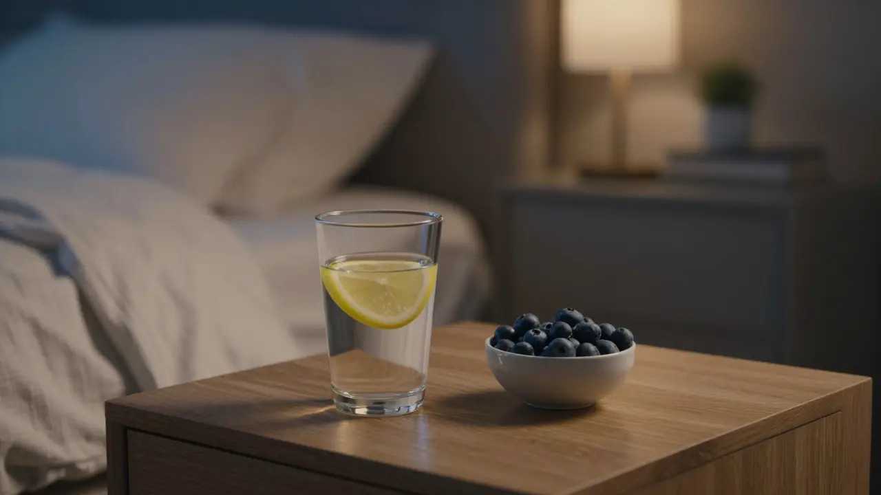 Klidný interiér ložnice s vodou s citronem a borůvkami, symbolizující regeneraci a spánek.