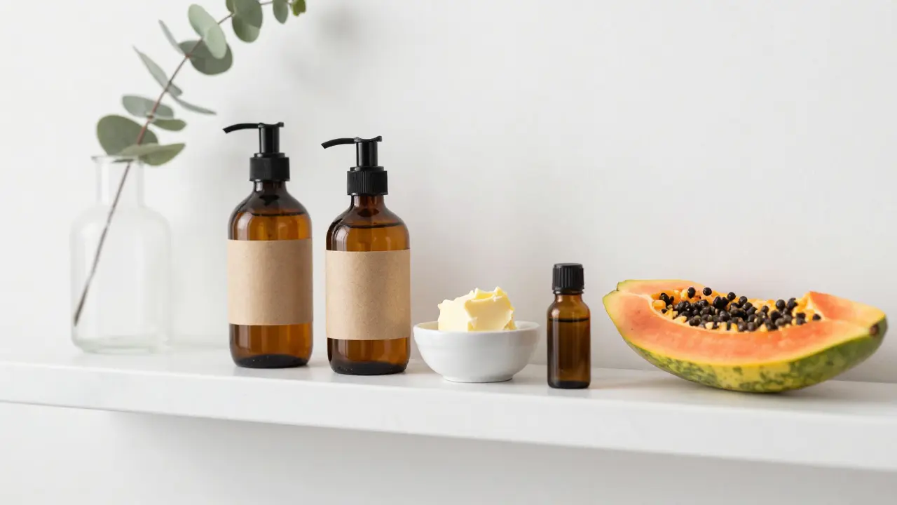 Kolekce přírodní kosmetiky v skleněném balení vedle surovin jako shea maslo a esenciální oleje.