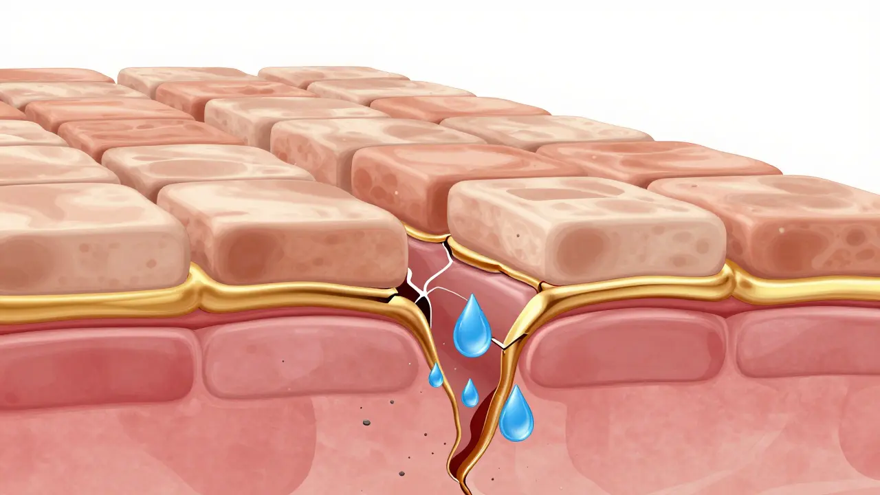 Konceptuální 3D model bariéry pokožky znázornující buňky a lipidy.