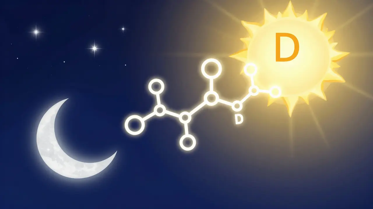 Konceptuální ilustrace kontrastu mezi slunečním světlem a nočním spánkem.