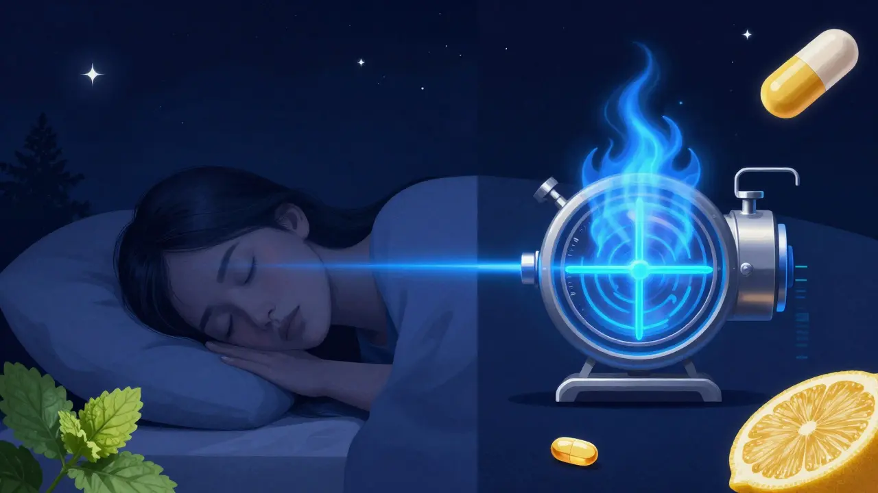 Konceptuální ilustrace spánku a aktivního metabolismu s prvky vitamínů a bylinek.