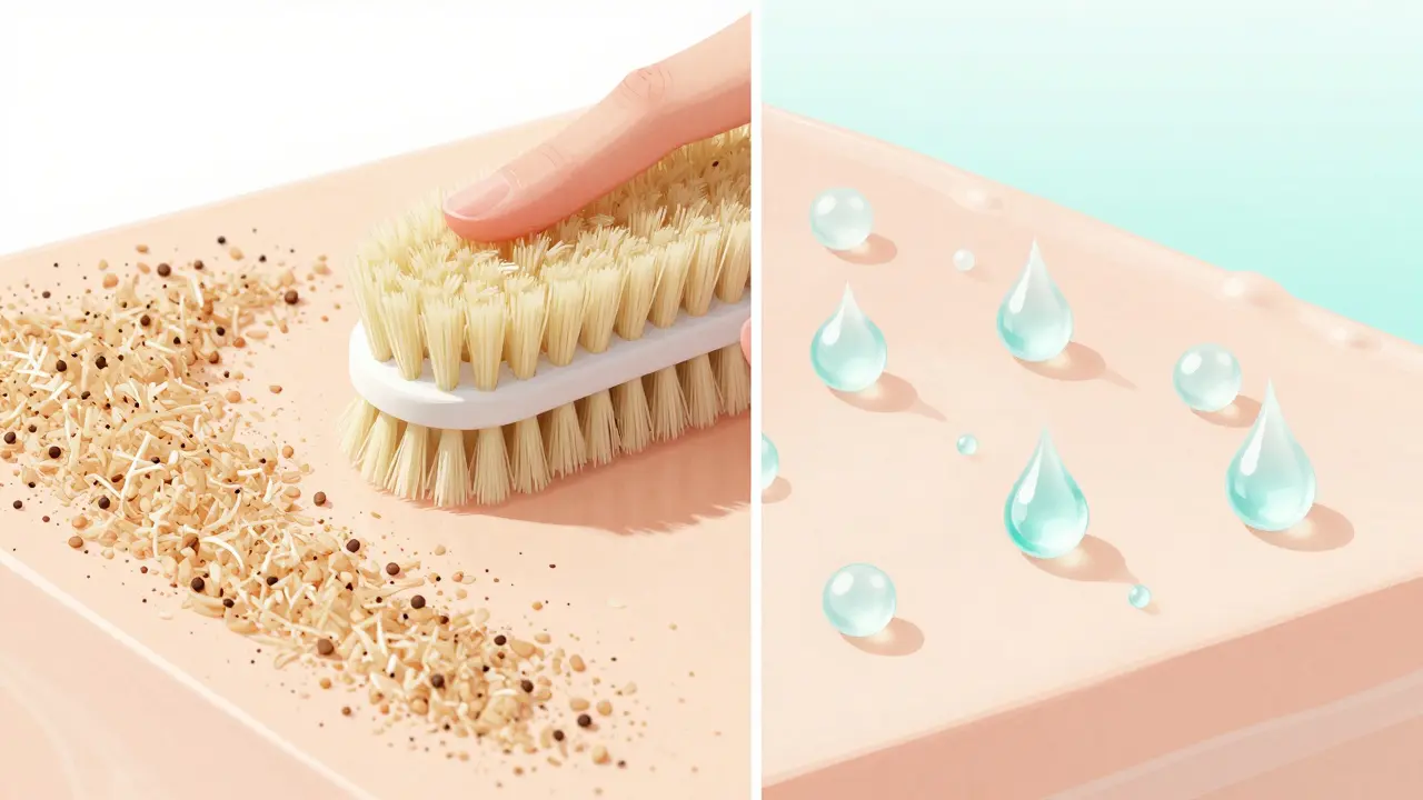 Konceptuální srovnání mechanického a chemického peelingu pokožky.