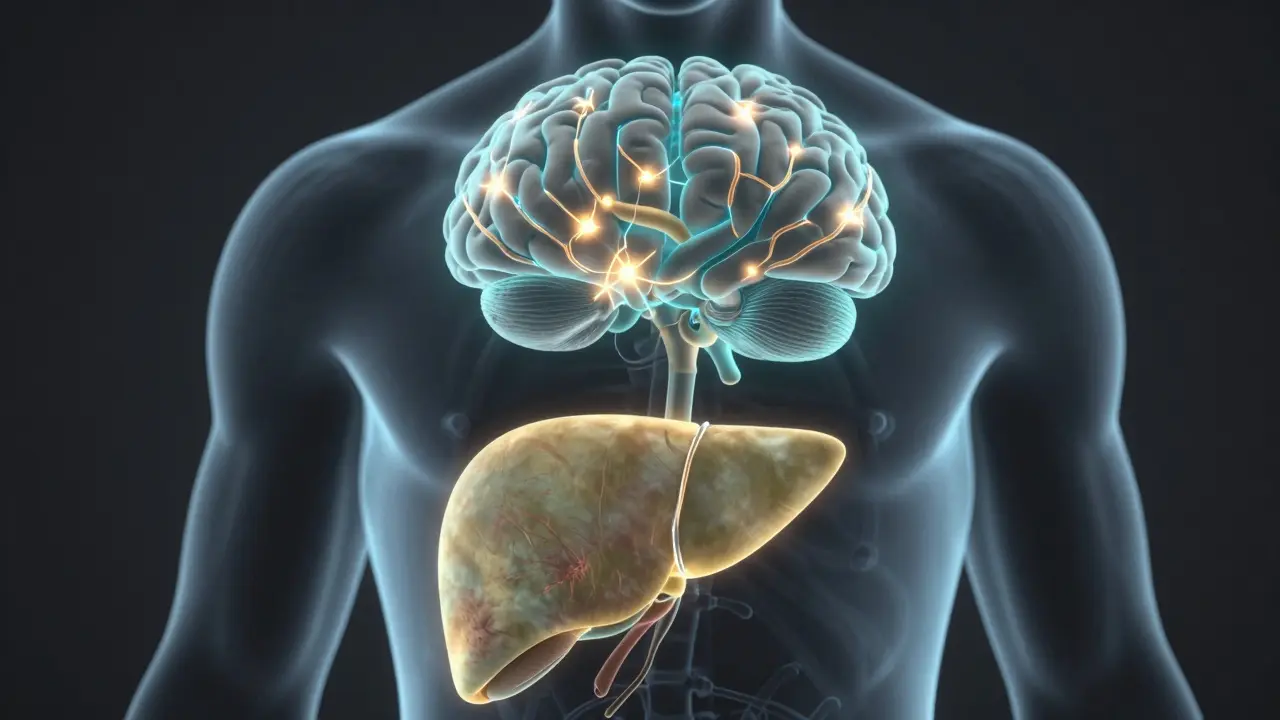 Konceptuální znázornení poškozené játry a chemických změn v mozku při alkoholismu.