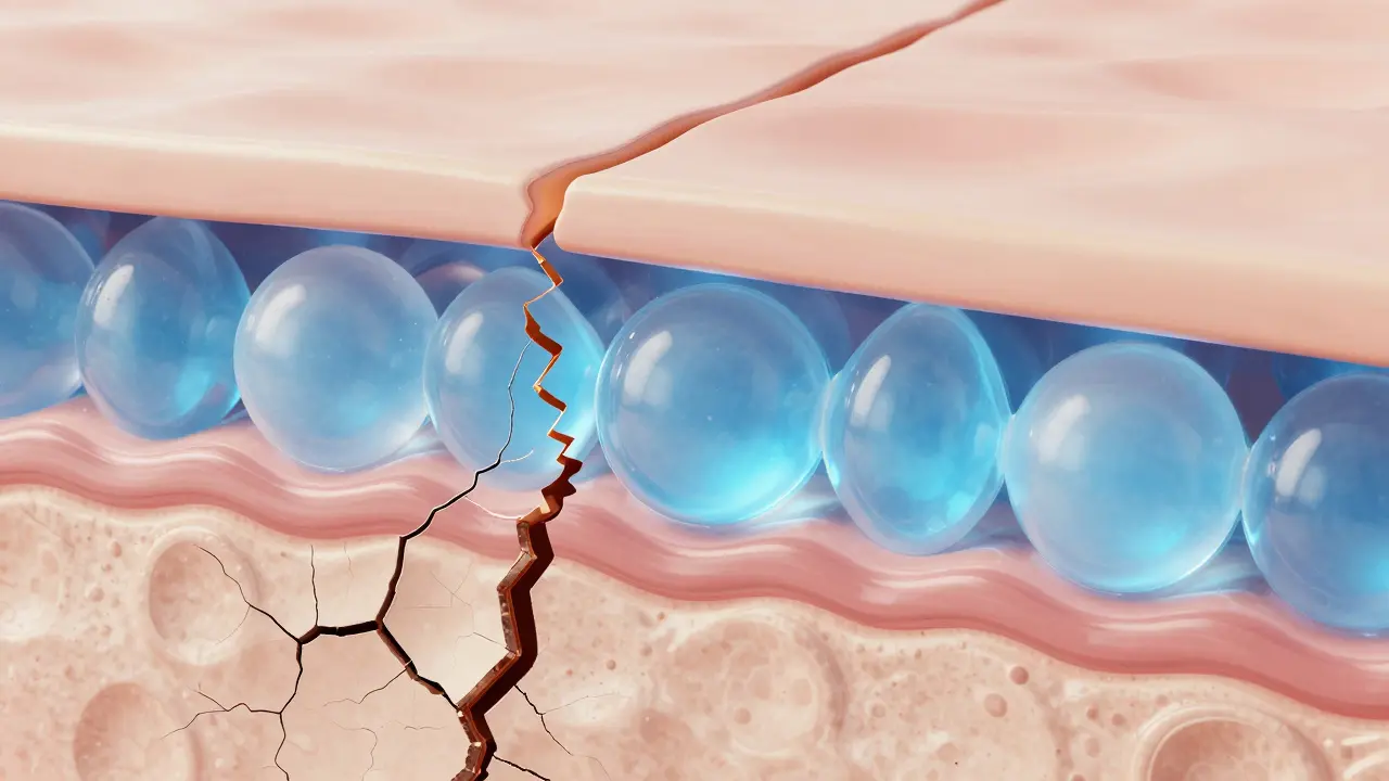 Konceptuální zobrazení hydratace pokožky pomocí kyseliny hyaluronové.