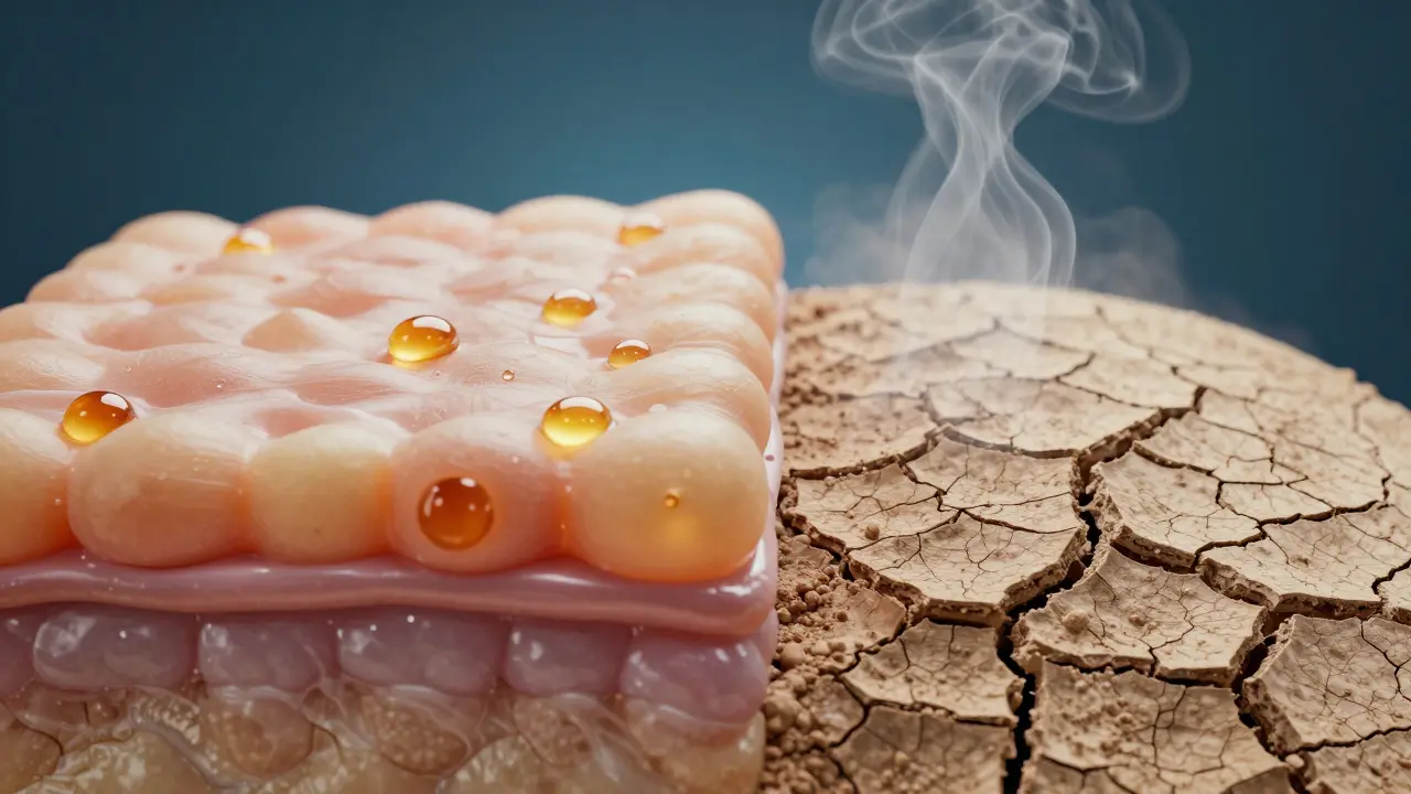 Konceptuální zobrazení zdravé a vysušené kožní bariéry pokožky hlavy.