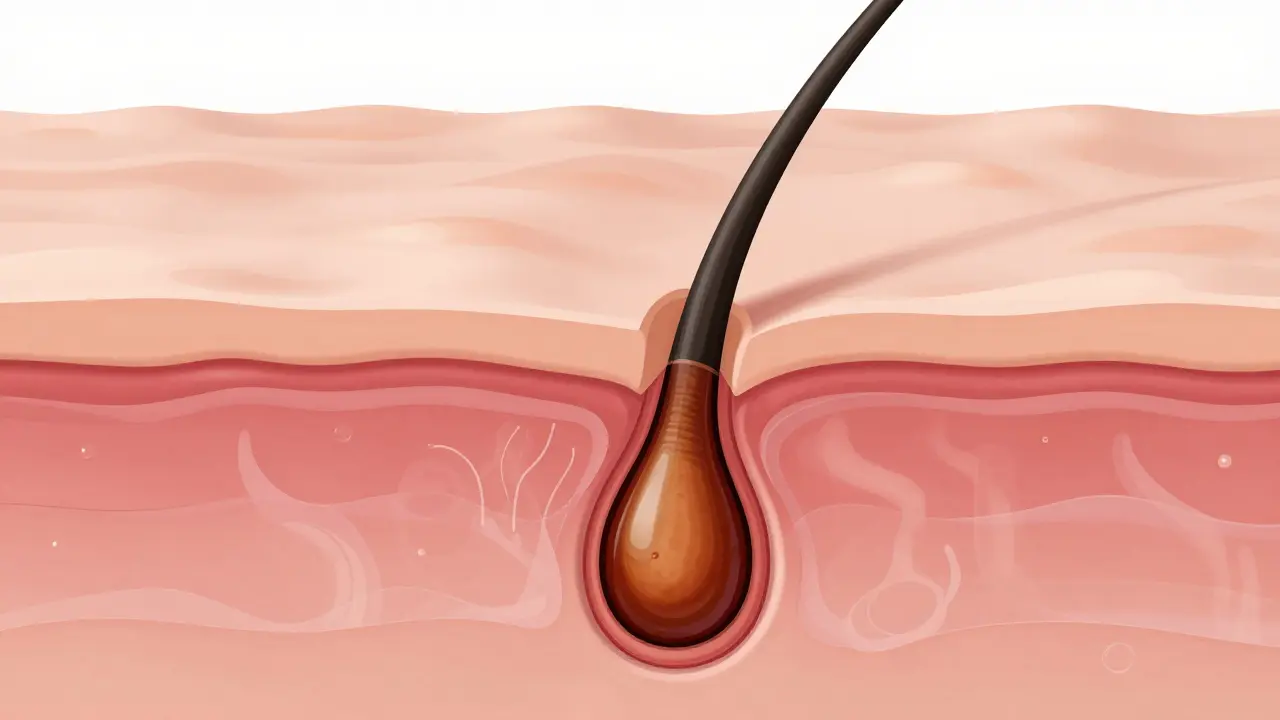 Kresba průřezu kůže znázornující folikul a rozdíl mezi holením a vytrháváním.