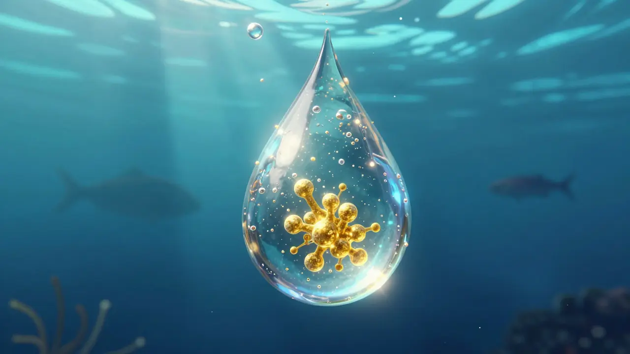 Křišťálová kapka s molekulami mariního kolagenu v hlubinách modrého oceánu.