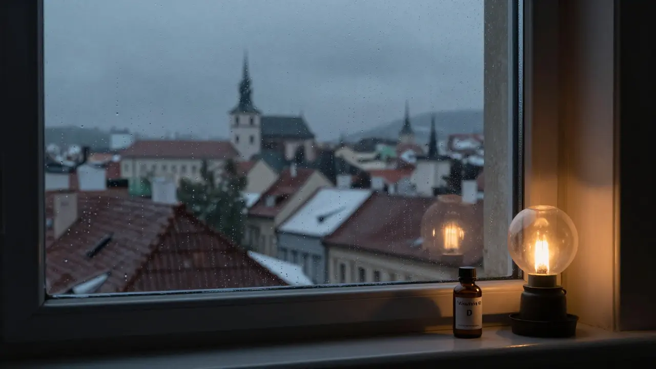 Láhev vitamínových kapek na parapetu během zimního šera v městě.