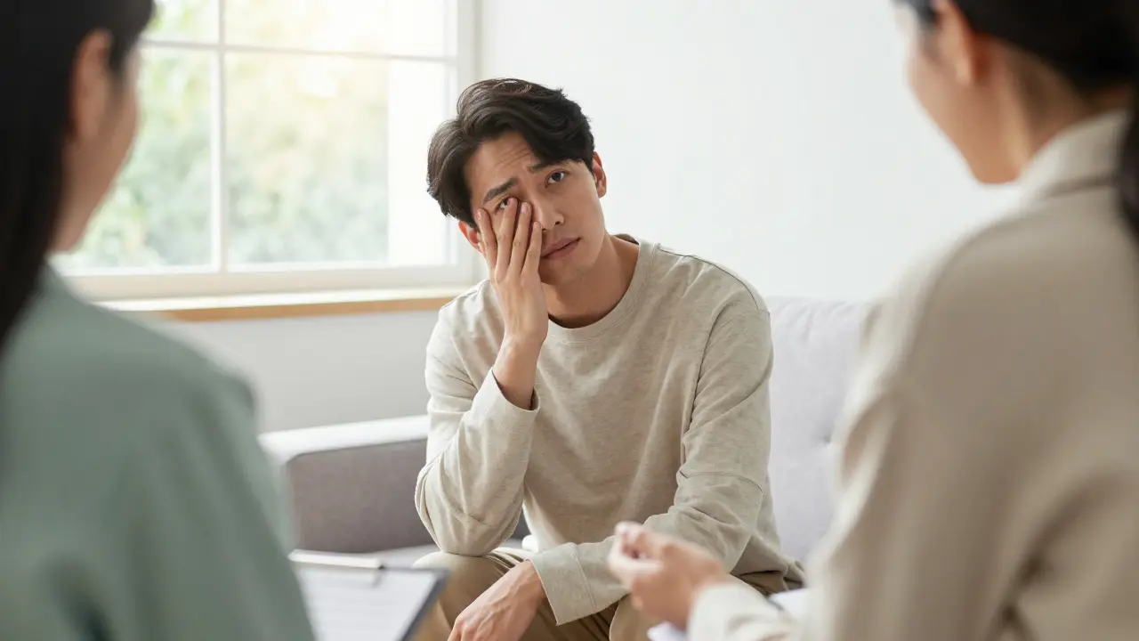 Osoba během psychoterapie v brightně místnosti s přirozeným světlem symbolizujícím naději.