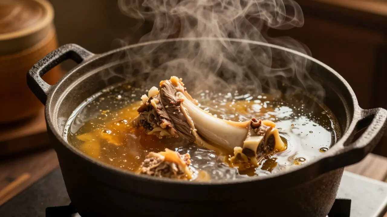 Pomalu probubnávající zlatý kostní vývar v litinovém hrnci v rustikální kuchyni.