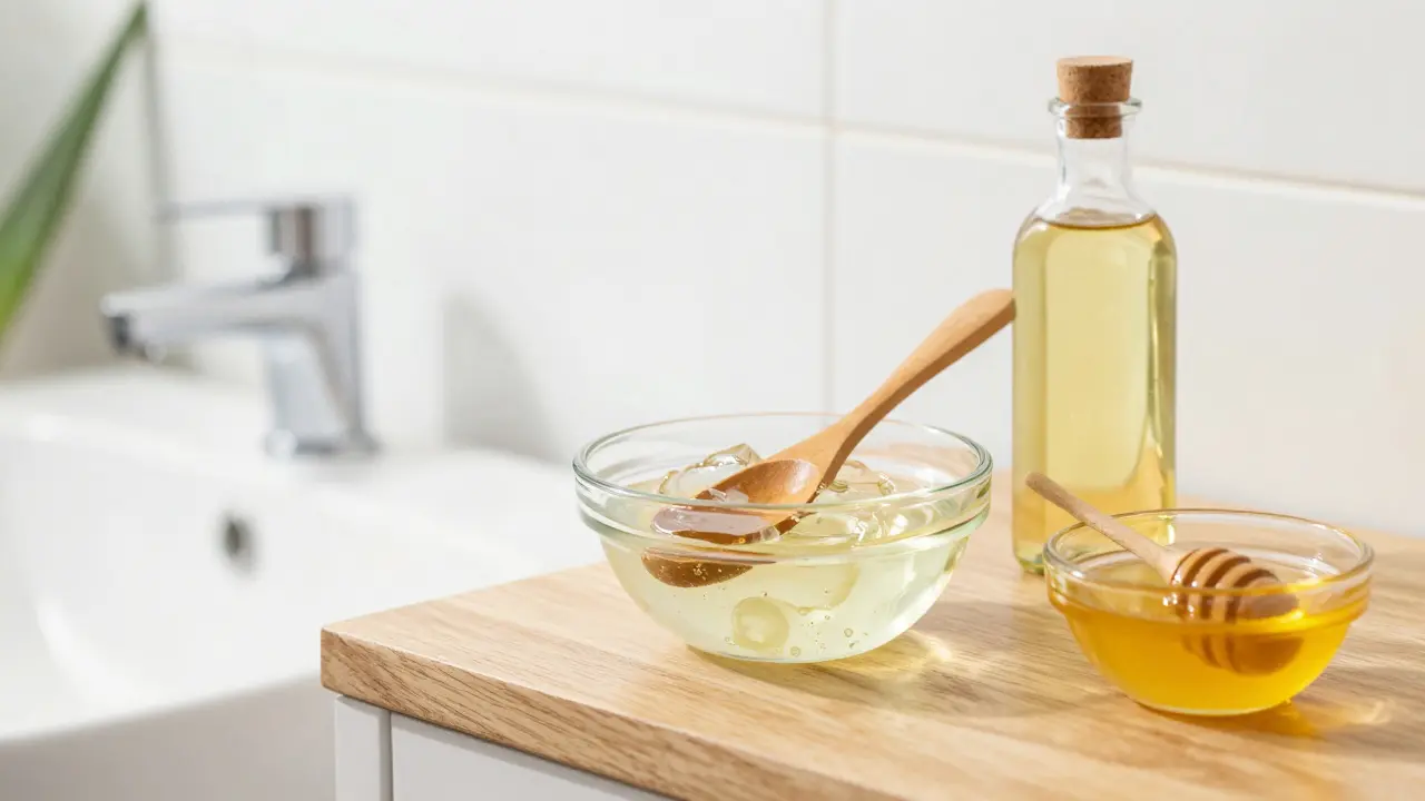 Přírodní ingredience pro péči o pokožku hlavy: aloe vera, arganový olej a med.