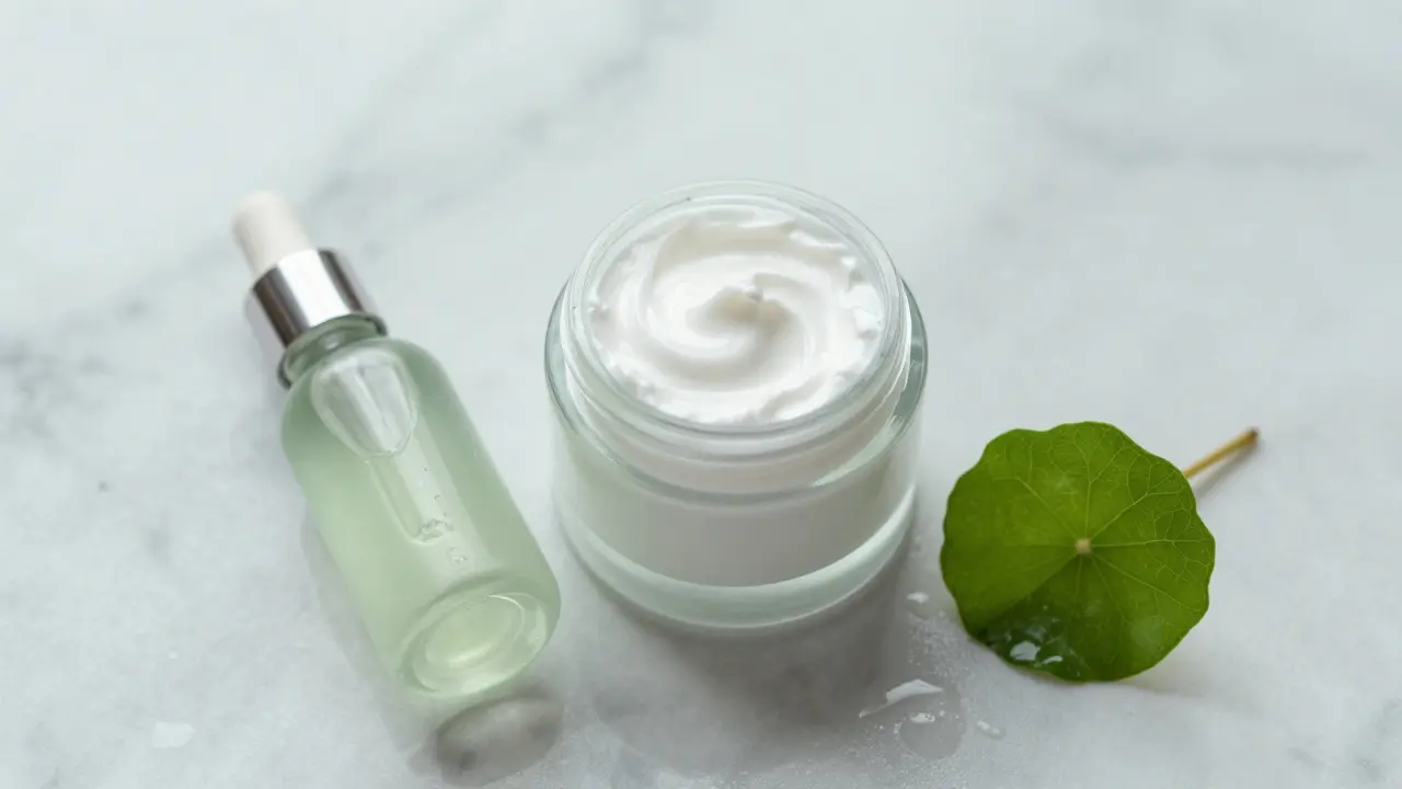 Sada zklidňujících produktů, hyaluronát a list tygrové trávy na mramoru.