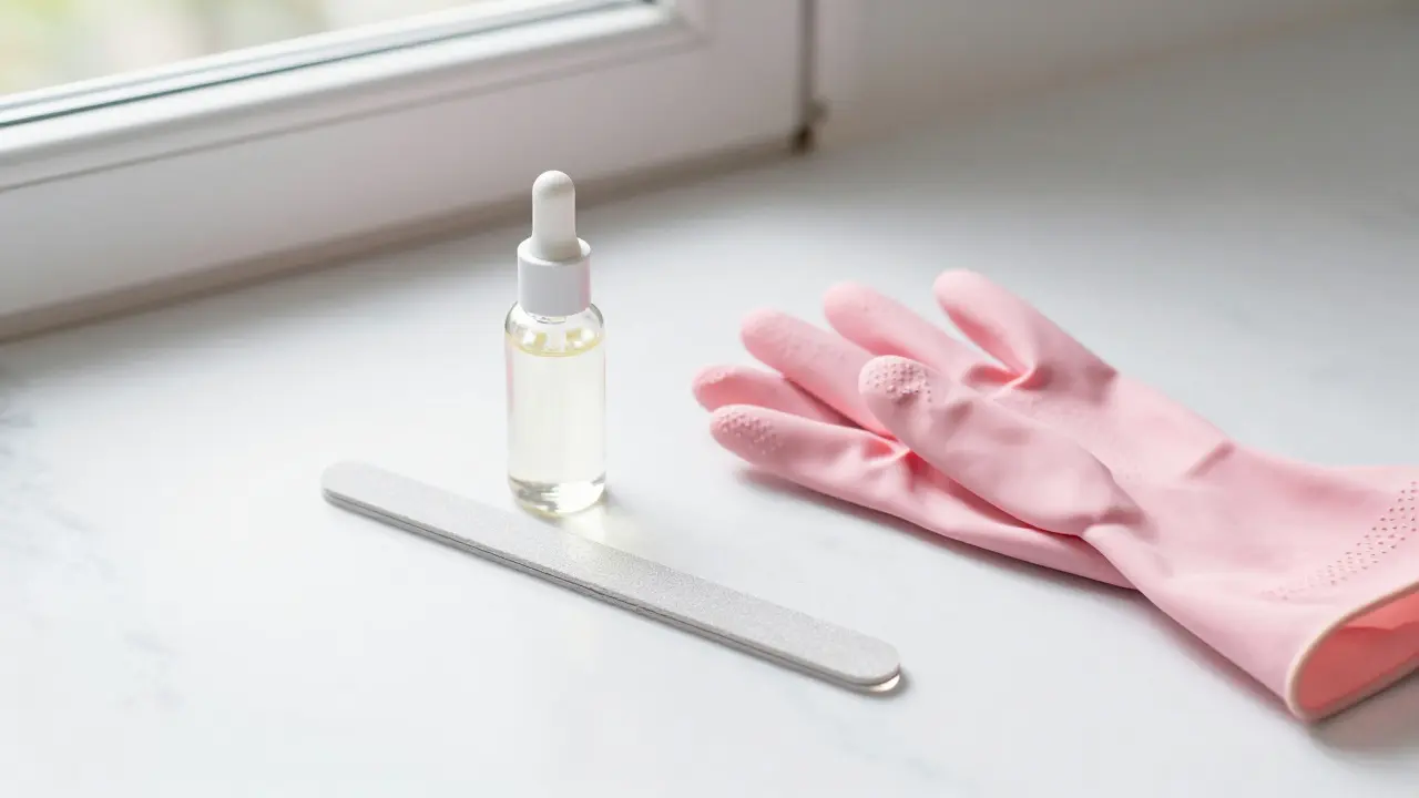 Skleněný pilník, olej na nehty a gumové rukavice na bílém mramoru.