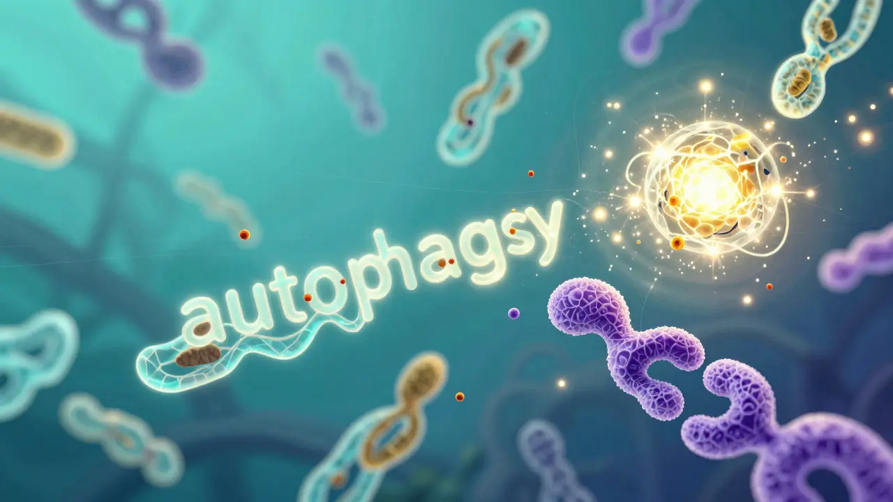 Umělecká reprezentace autofagie jako procesu recyklace poškozených buněčných struktur.