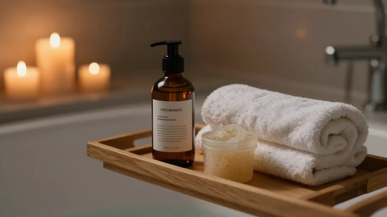 Večerní rituál péče o pleť s regeneračním olejem a svíčkami v koupelně.