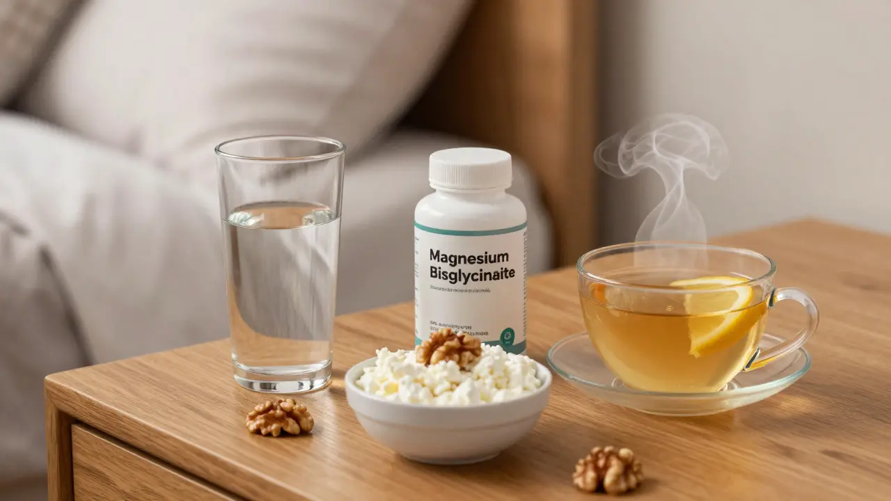 Večerní sestava s hořčíkem, tvarohem s vlašskými ořechy a bylinkovým čajem na nočním stolku.