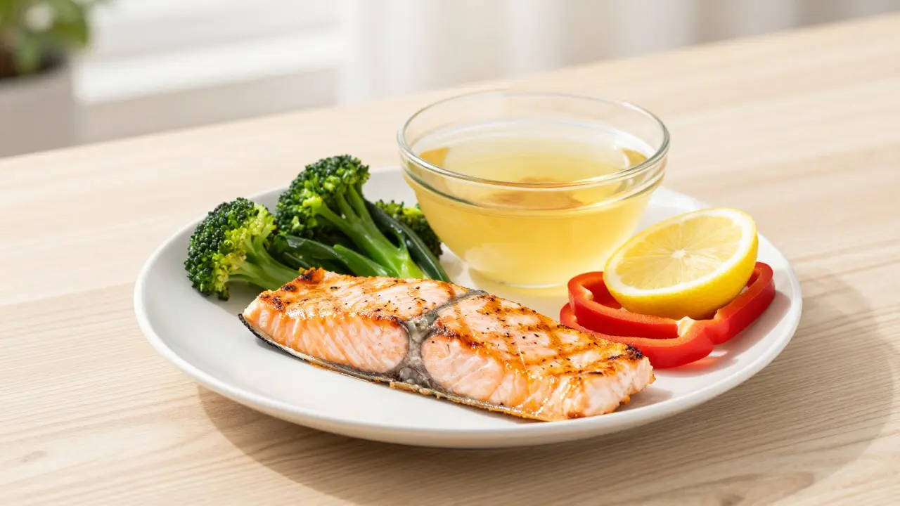 Zdravý talíř s grilovaným lososem, zeleninou a skleničkou kostního vývaru.