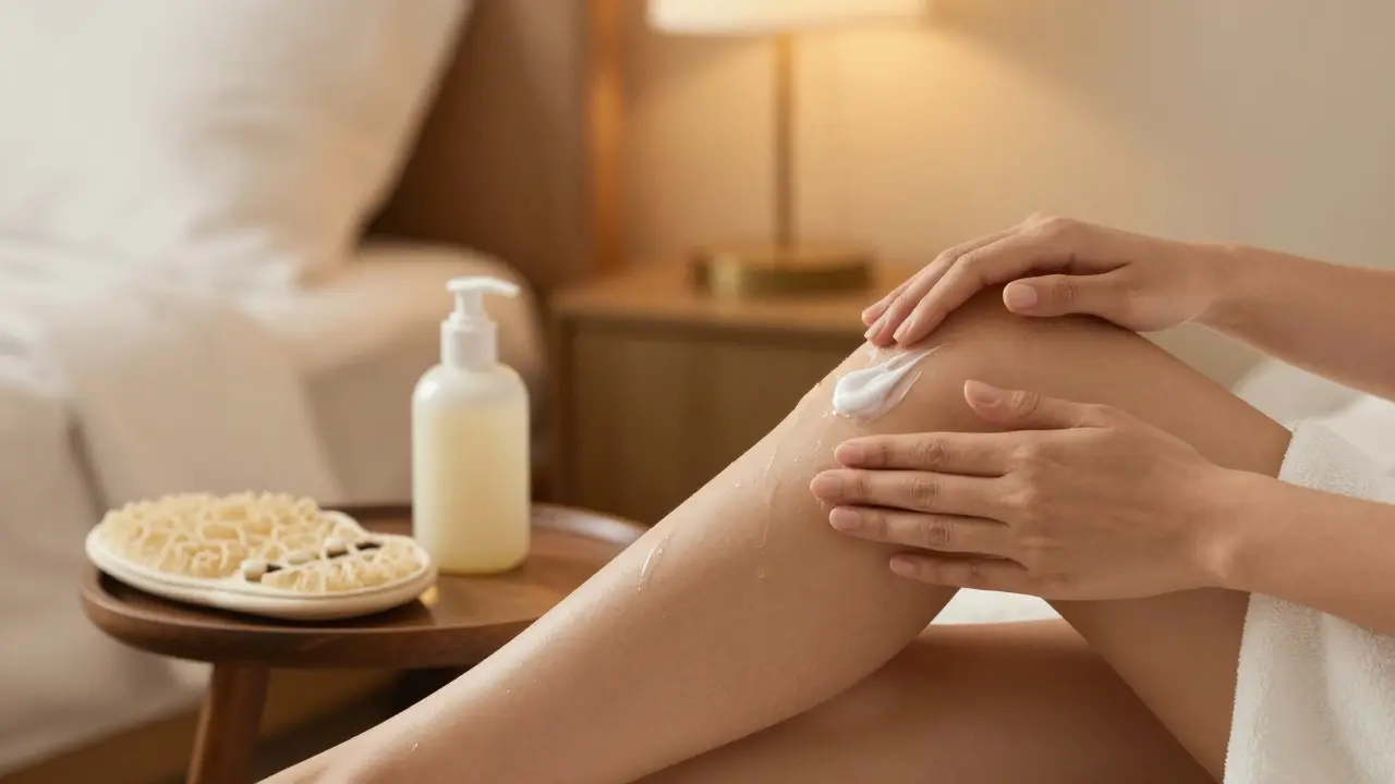 Žena nanáší hydratační krém na hladkou pokožku v útulném prostředí.