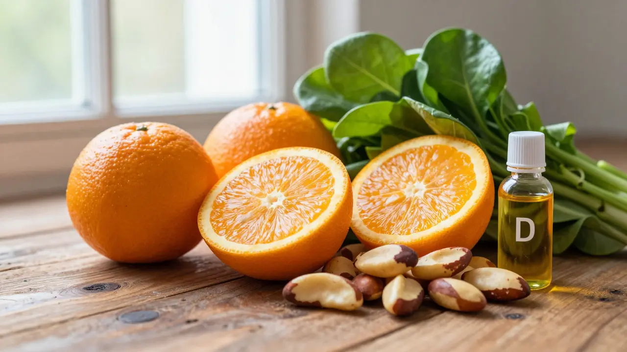 Čerstvé ovoce, zelenina a ořechy jako zdroje vitamínů pro imunitu.