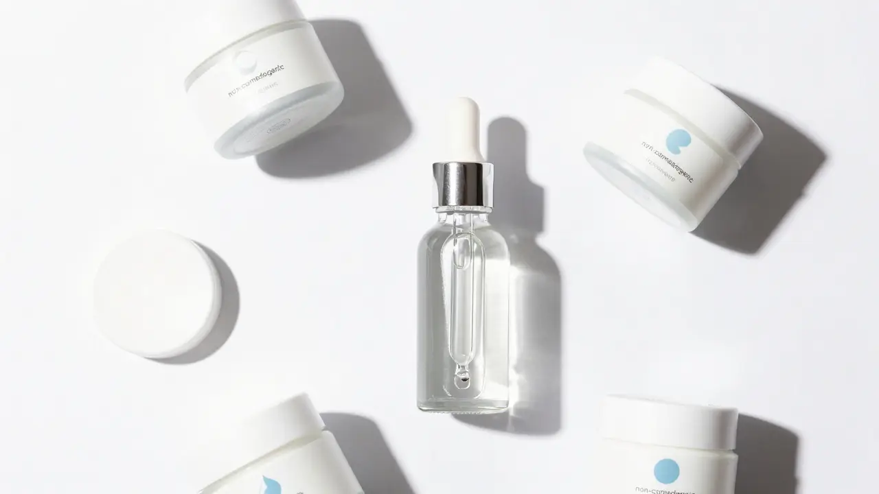 Jemné čistící sérum a nekomedogenní produkty na bílém podkladu