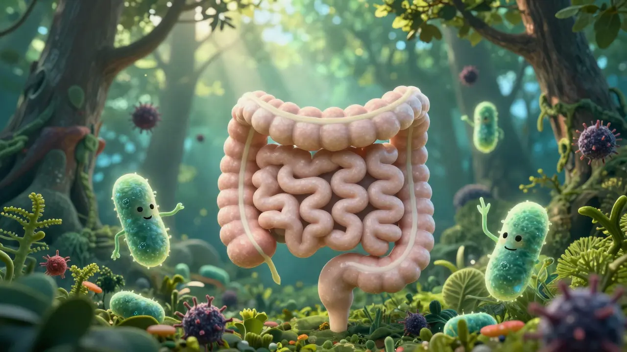 Konceptuální ilustrace střevního mikrobiomu jako lesa s přátelskými bakteriemi.