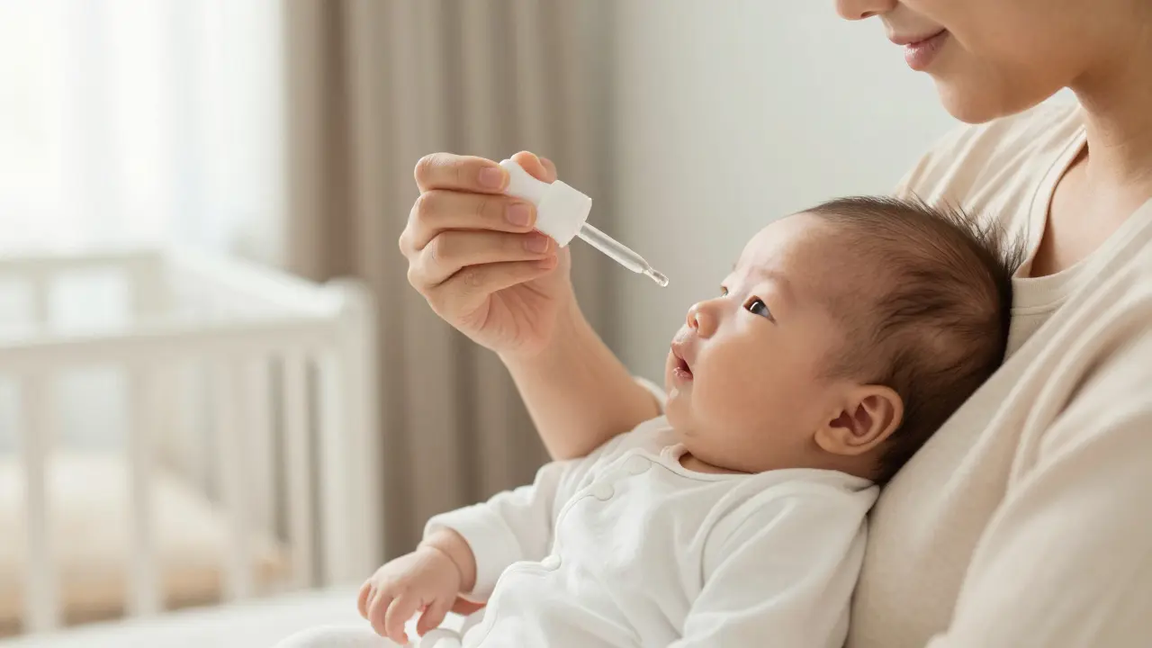 Rodič podává miminkovi kapky Espumisan Baby pomocí kapačky v klidném prostředí.