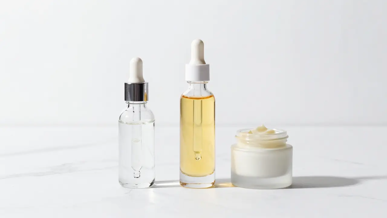 Skleněné lahvičky s hydratačními ingrediencemi na bílém mramoru