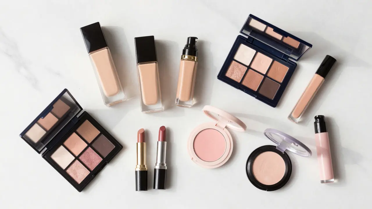 Umělecké uspořádání různých produktů dekorativní kosmetiky na mramoru