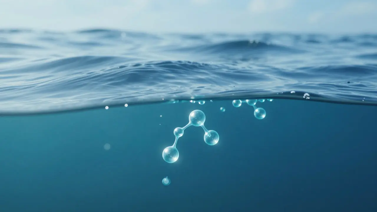 Abstract ocean water with glowing molecular structures