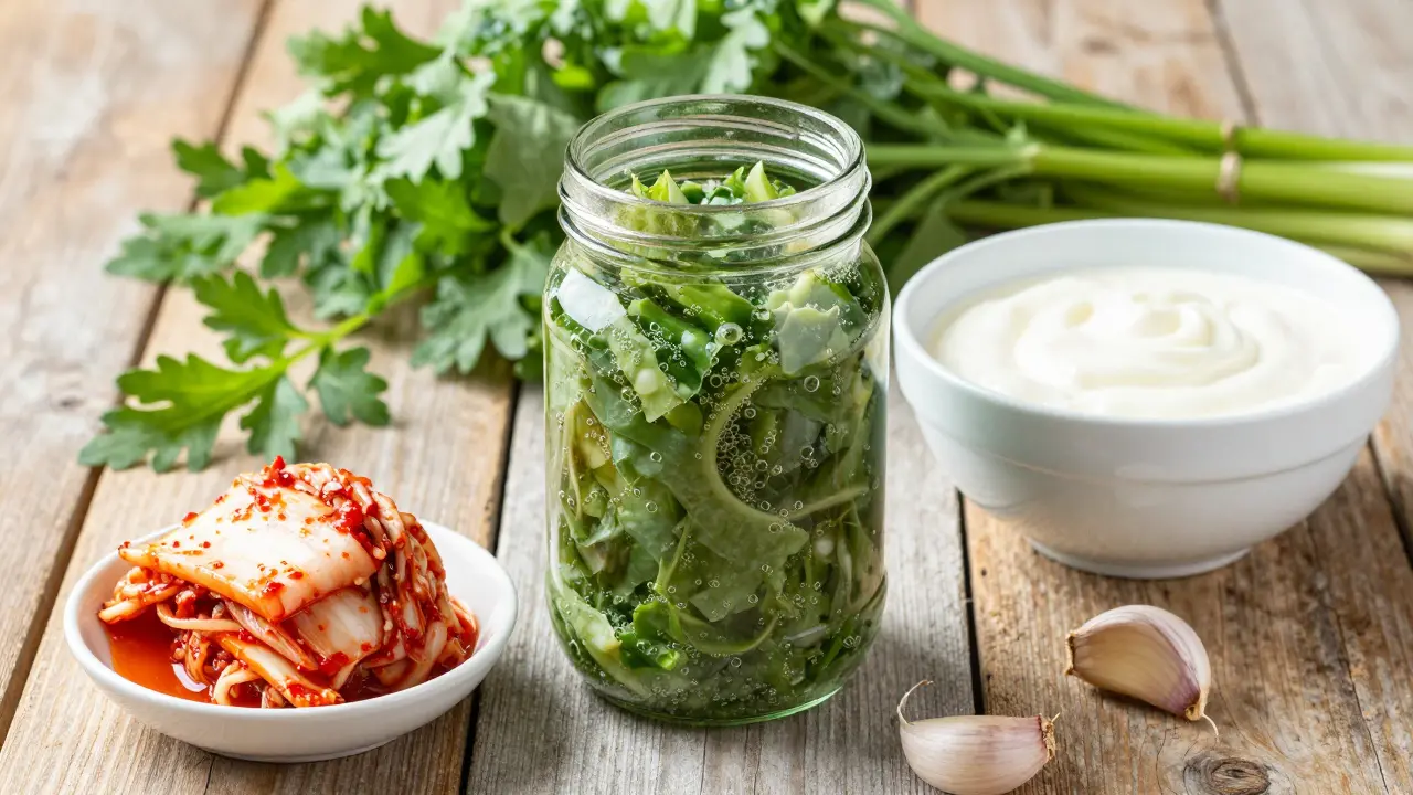 Čerstvé fermentované potraviny jako kysané zelí, kefír a kimchi na dřevěném stole