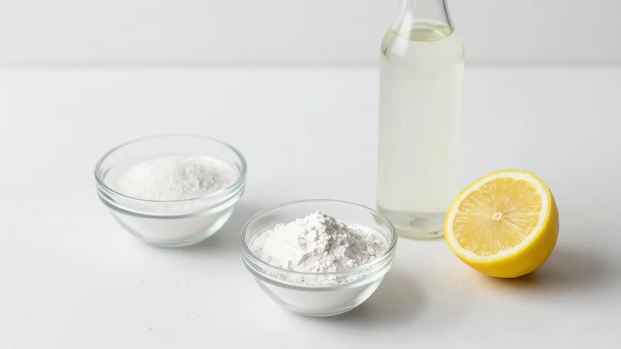 Domácí čisticí prostředky: sůl, soda, ocet a citron na bílém pultu