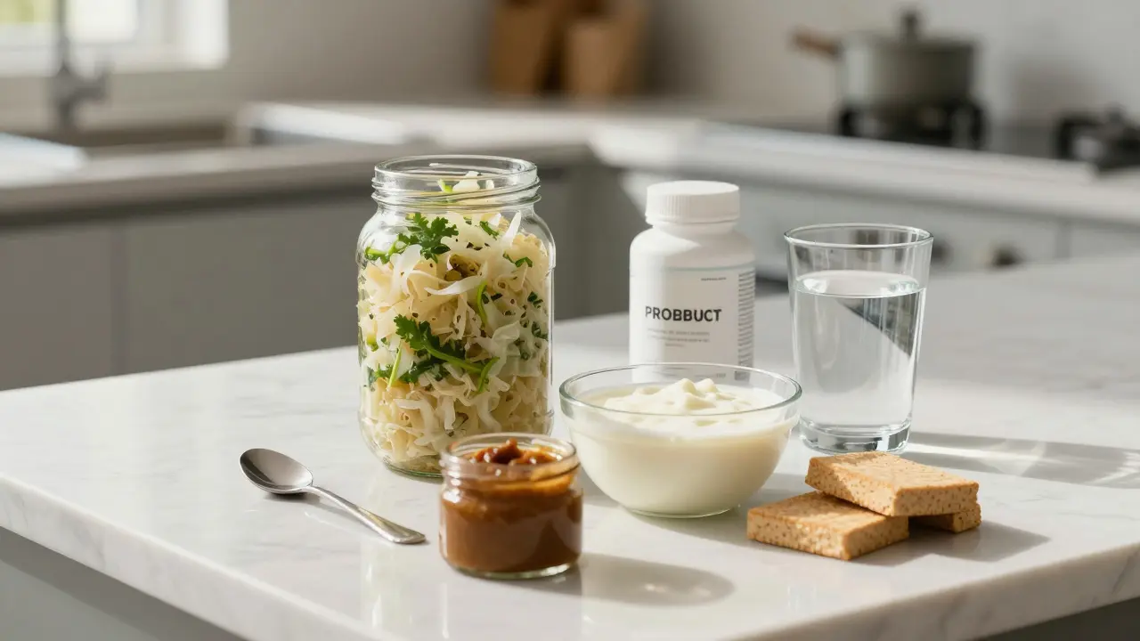 Fermentované potraviny a probiotika na kuchyňském pultu při ranním světle