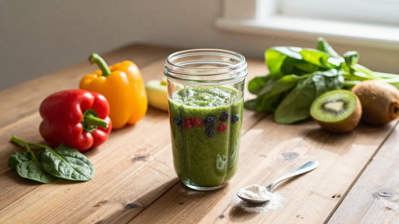 Green smoothie ingredients and collagen scoop on wooden table