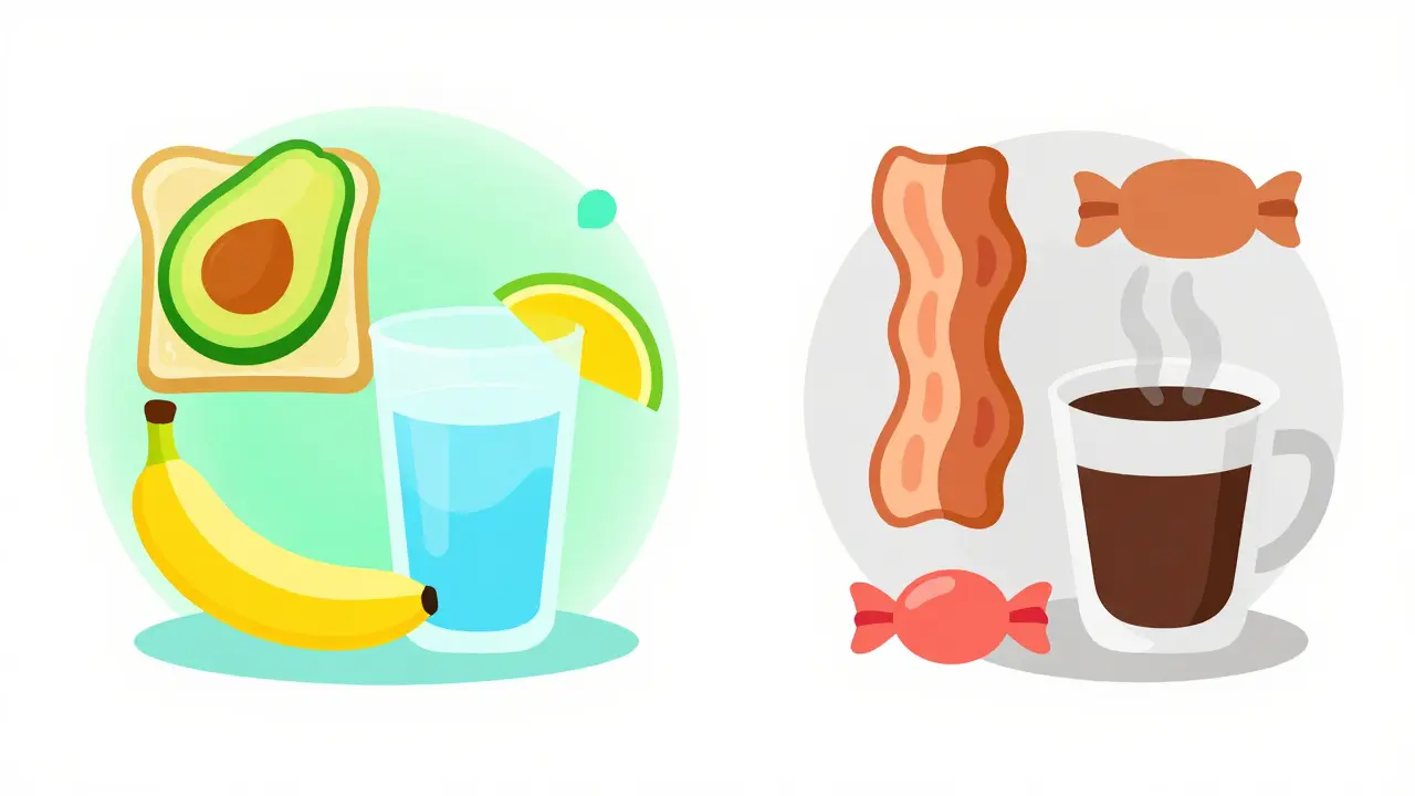 Ilustrace porovnávající zdravé potraviny pro detoxikaci s nevhodnými volbami po alkoholu.