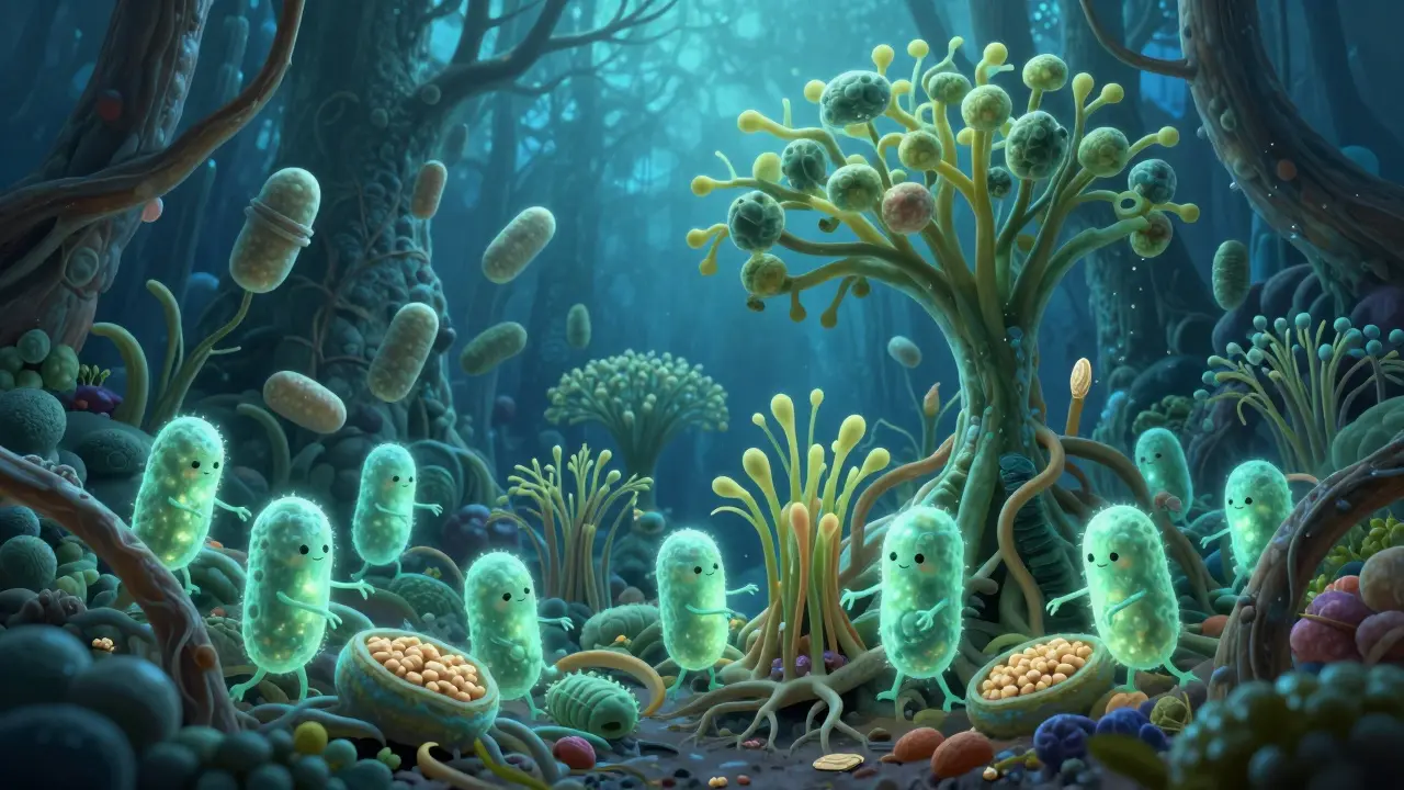 Ilustrace střevního mikrobiomu jako podzemního lesa s bakteriemi