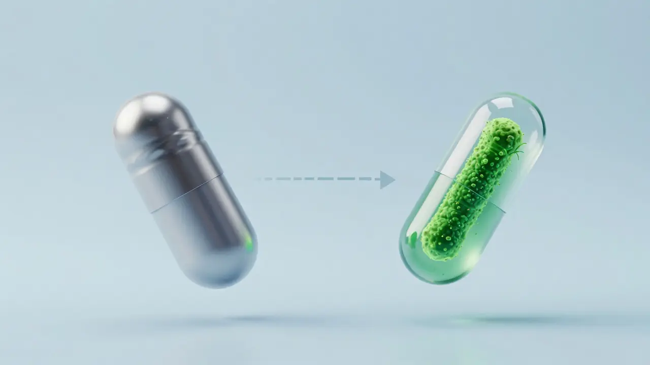 Kapsle antibiotika a probiotiku s časovým odstupem pro správné užívání