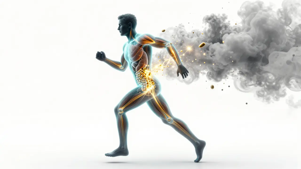 Konceptuální ilustrace metabolismu s zářícími částicemi vitamínů v těle sportovce